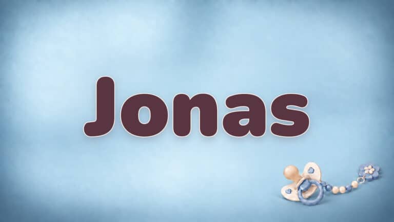 Vorname Jonas in Bordeaux auf der blauen Babynamen-Vorlage mit Schnullerkette