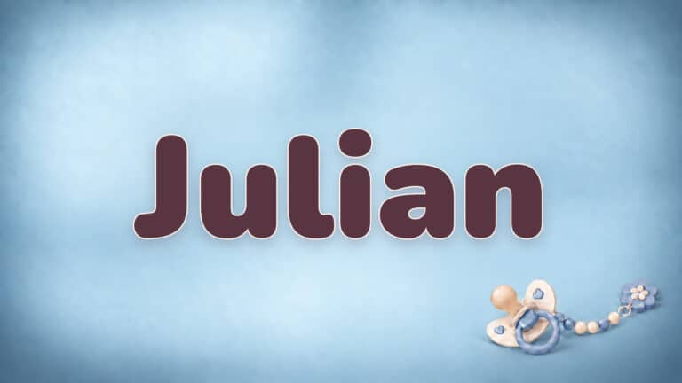 Vorname Julian in Bordeaux auf der blauen Babynamen-Vorlage mit Schnullerkette