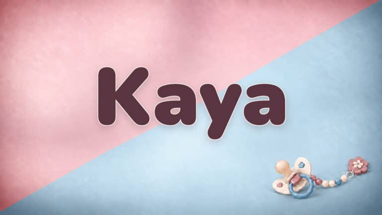 Vorname Kaya in Bordeaux auf der rosa-blauen Babynamen-Vorlage mit Schnullerkette
