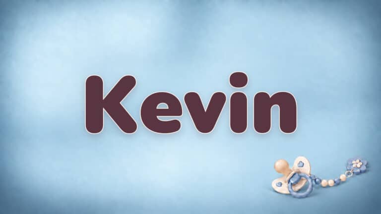 Vorname Kevin in Bordeaux auf der blauen Babynamen-Vorlage mit Schnullerkette