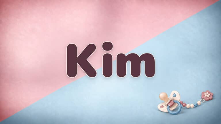 Vorname Kim in Bordeaux auf der rosa-blauen Babynamen-Vorlage mit Schnullerkette