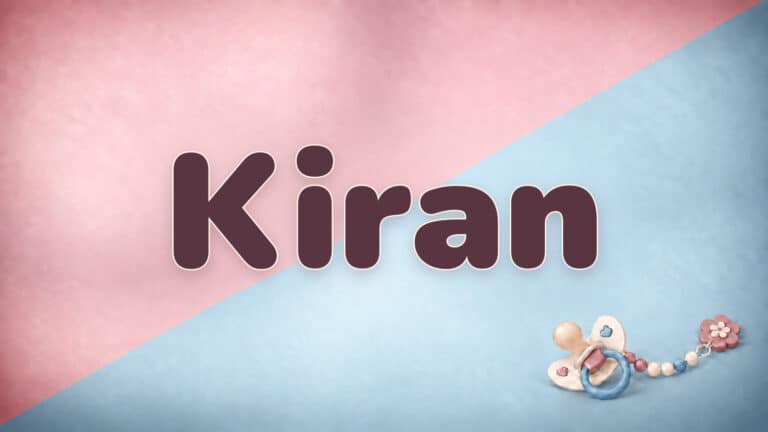Vorname Kiran in Bordeaux auf der rosa-blauen Babynamen-Vorlage mit Schnullerkette
