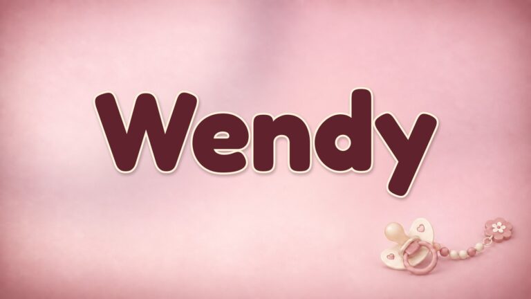 Vorname Wendy in Bordeaux auf altrosa Hintergrund mit Schnuller und Schnullerkette