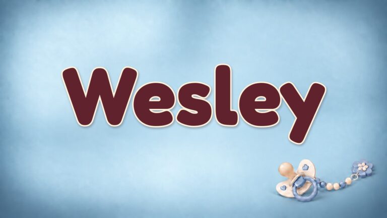 Vorname Wesley in Bordeaux auf blauem Hintergrund mit Schnuller und Schnullerkette