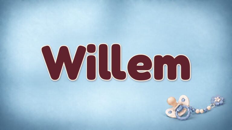 Vorname Willem in Bordeaux auf blauem Hintergrund mit Schnuller und Schnullerkette