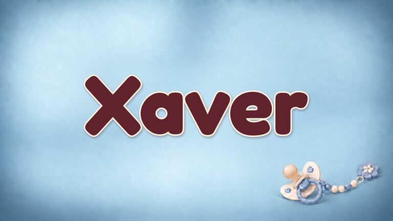 Vorname Xaver in Bordeaux auf blauem Hintergrund mit Schnuller und Schnullerkette