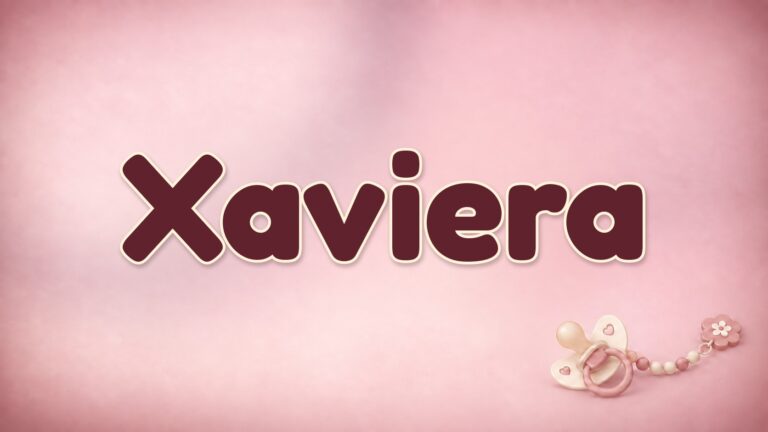 Vorname Xaviera in Bordeaux auf altrosa Hintergrund mit Schnuller und Schnullerkette