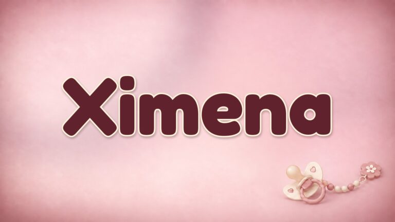 Vorname Ximena in Bordeaux auf altrosa Hintergrund mit Schnuller und Schnullerkette