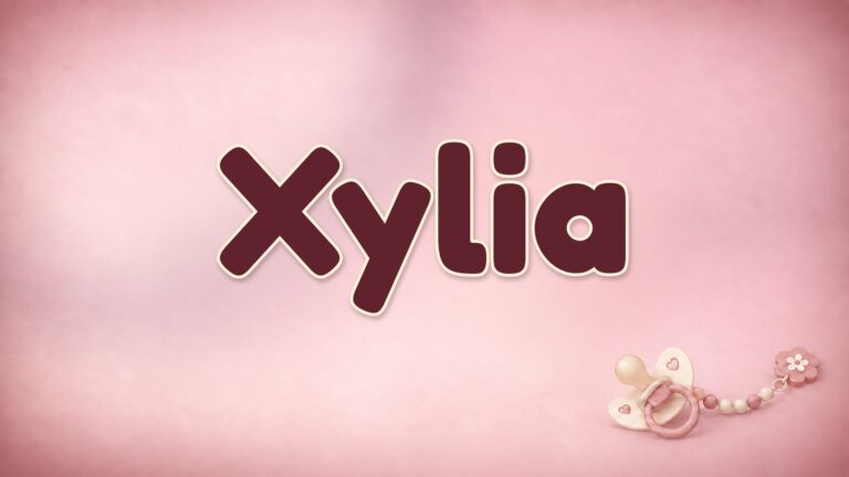Vorname Xylia in Bordeaux auf altrosa Hintergrund mit Schnuller und Schnullerkette